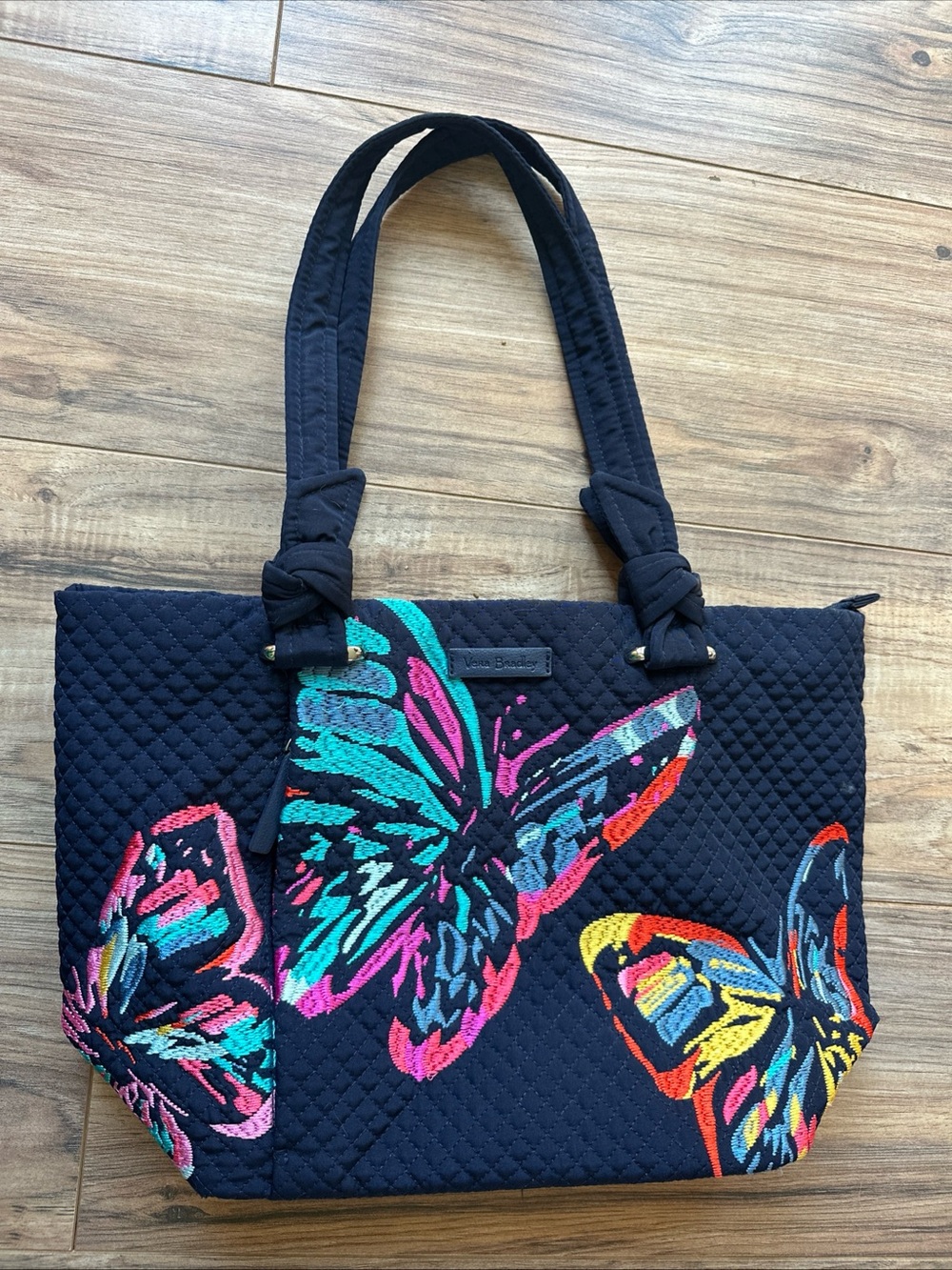Vera Bradley Butterfly Embroidered Quilted Tote Bag Navy Multicolor Purse